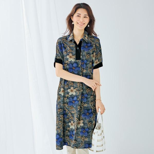 ワンピース きれいめ おしゃれ 春夏 ミセス シニア ファッション 50代 60代 70代 80代 花柄プリント配色使いフレアワンピース