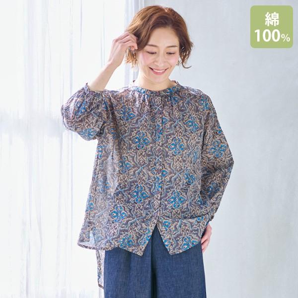 ブラウス シャツ レディース おしゃれ 春夏 ミセス シニア ファッション 40代 50代 60代 70代 80代 インド綿プリントブラウス