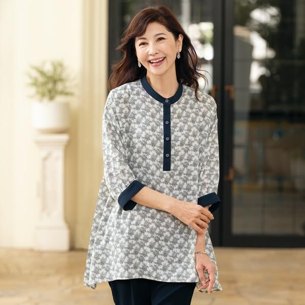 チュニック 大人可愛い おしゃれ 春夏 ミセス シニア ファッション 40代 50代 60代 70代 80代 配色バンドカラ−フレアチュニック