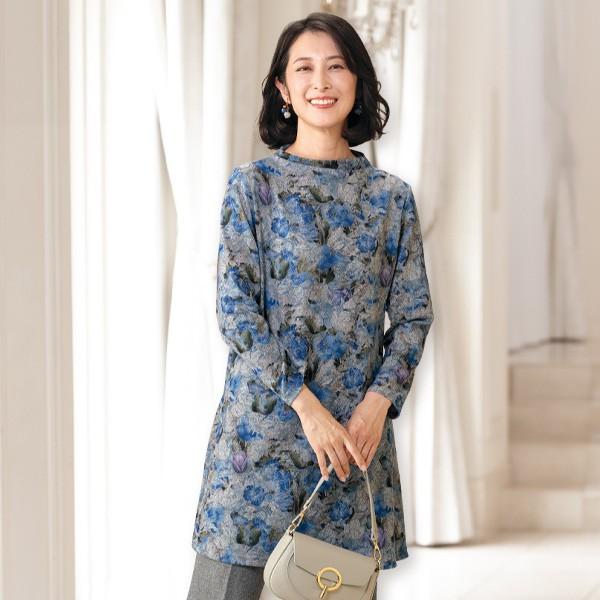 チュニック 大人可愛い おしゃれ 秋冬 ミセス シニア ファッション 50代 60代 70代 80代 花柄プリントチュニック