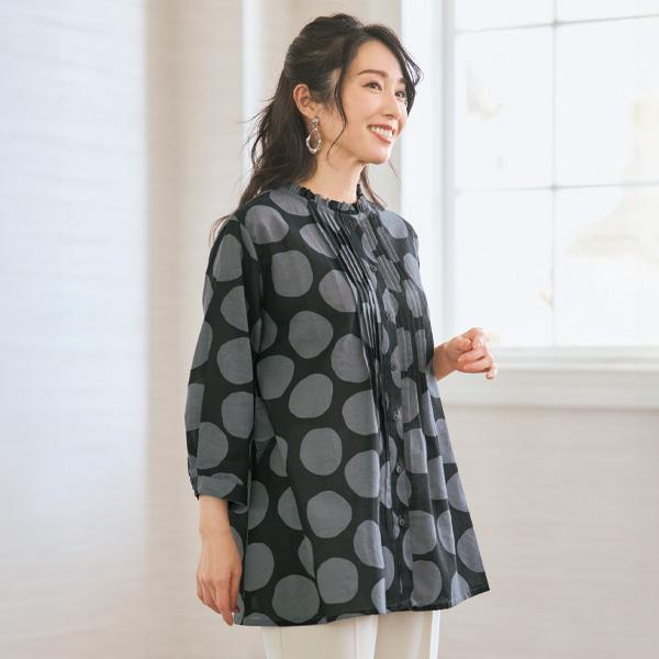 シャツ ブラウス レディース おしゃれ 春夏 ミセス シニア ファッション 40代 50代 60代 70代 80代 七分袖ドット柄オーバーシャツ