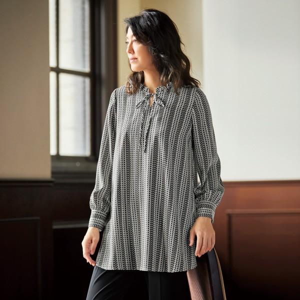 フリル衿リボン使いオーバーブラウス 50代 60代 70代 ファッション シニア ミセス レディース 婦人服 百貨店販売商品 日本製 トップス カットソー レトロ 京都通販 ミセスのファッション館 通販 Yahoo ショッピング