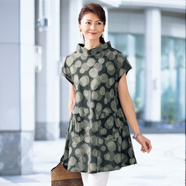 チュニック トップス レディース 和柄ドットスタンド衿チュニック 40代 50代 60代 70代 ミセスファッション シニアファッション 服 京都通販 ミセスのファッション館 通販 Yahoo ショッピング