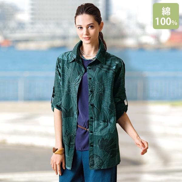 シャツ トップス レディース シャンブレー花プリント長袖シャツ 40代 50代 60代 70代 ミセスファッション シニアファッション 服 京都通販 ミセスのファッション館 通販 Yahoo ショッピング