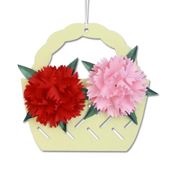 カーネーションパーツは型抜き済なのでハサミを使わずに簡単に切り離すことができます。パーツを花かご型の台紙に『ボンドで貼る』『折る』『巻く』など工作を楽しむ工夫をしています。とても華やかなカーネーションの立体切り絵が作れます。作り方説明書はイ...