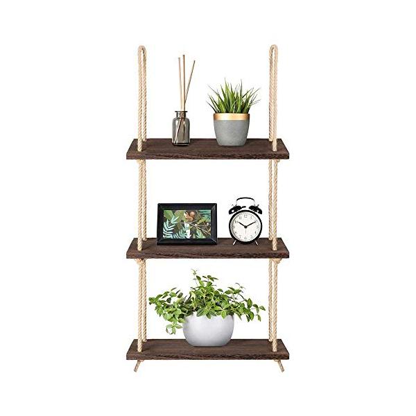 ウォールシェルフ 3段 ウォールラック 木製 ロープ棚 壁 吊り棚 壁面 収納 ウォールシェルフ 3段 ウォールラック 木製 ロープ棚 壁 吊り棚