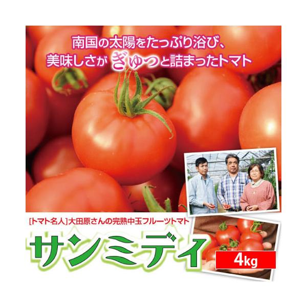 内容 完熟 トマト 「サンミディ」中玉サイズ　4kg前後（パック詰め）※農産物の為、天候などの状況により糖度や重量に多少の変動がございます。予めご了承ください。サンミディは薄皮の品種のため、完熟で収穫すると皮が割れやすくなります。配送中に1...