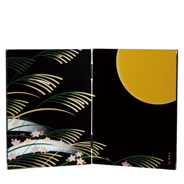 （送料込）金箔漆塗り屏風と台座 アウトレット品 台屏風セット 15号 三曲金屏風 /畳台 黒春慶塗