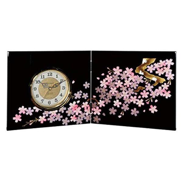 みよし漆器本舗 紀州塗り 木製屏風時計 黒 雅桜 おしゃれ