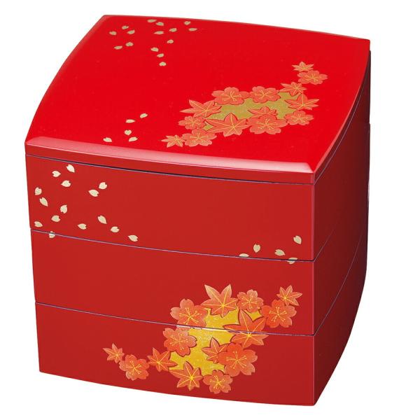 みよし漆器本舗 紀州塗り 6.5寸 胴張三段 重箱 朱 箔春秋 運動会 大型