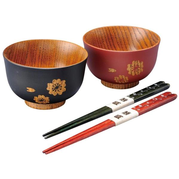 【秋田県　川連漆器　夫婦椀&夫婦箸セット】天然木製　布袋型　未使用品 miyoshi-ya_wa-359