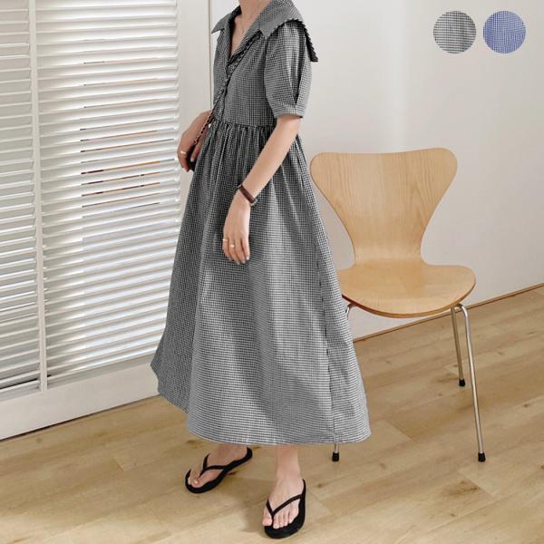 チェック柄半袖ワンピース ワンピース フレアワンピース ロング ロング丈 マキシ マキシ丈 袖あり 半袖 パフスリーブ ラウンドネック フレア マーメイド 綿 麻 リネン かわいい 大人可愛い きれいめ シンプル カジュアル 大人 おしゃれ お洒落 大人可愛い 大人女子 こなれ感 mizuki-store_tops1500