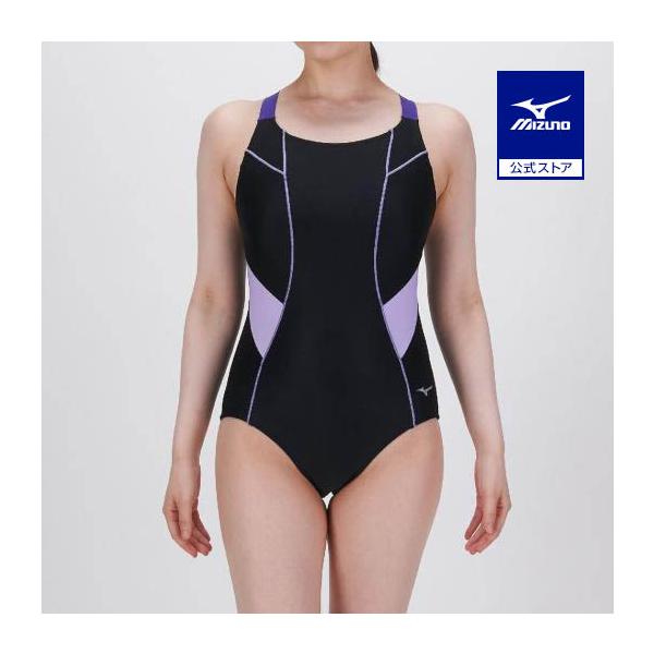 MIZUNO 競泳水着 レディース Lサイズ ブラック パープル MIZUNO（ミズノ） ミズノ公式 Stroke ONE/撥水 スイムフィットネス用
