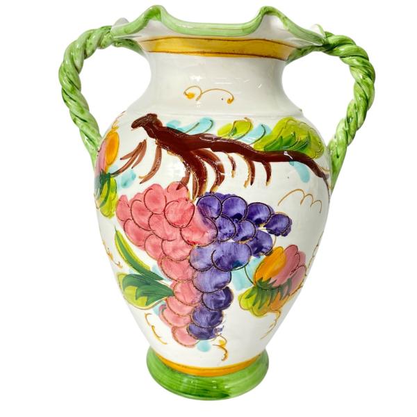 ハンドペイント フラワーベース 陶器 花瓶 30cm 大型 インテリア ツインハンドル 花柄 葡萄柄 イタリア陶器 スペイン