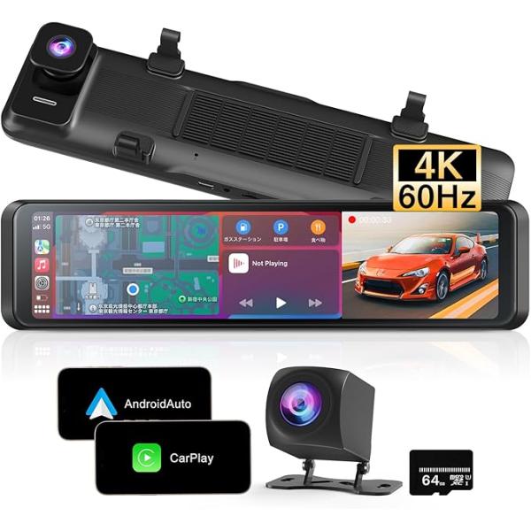 ドライブレコーダー ミラー型 ワイヤレスCarplay/AndroidAuto搭載 真4K