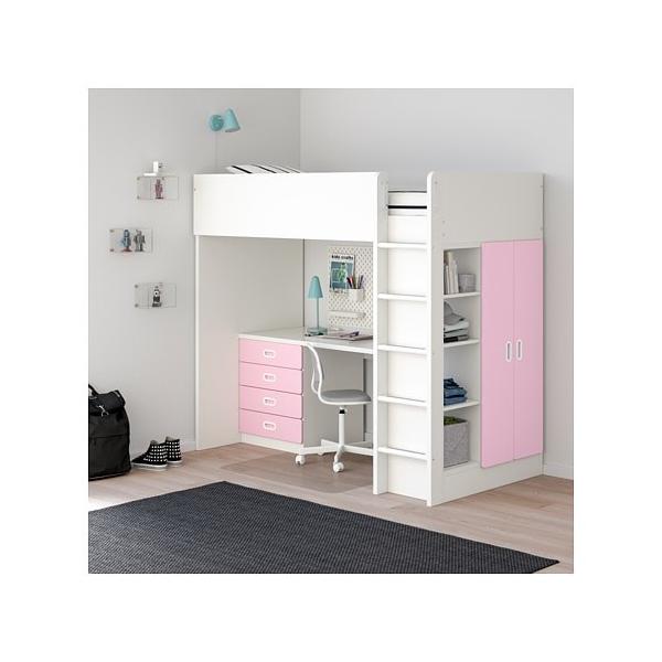 Ikea イケア Stuva Fritids ロフトベッドフレーム 子供部屋家具 ベッド デスク 収納付き 引き出し 4 システムベッド 扉 2 ホワイト ライトピンク 292 686 54 モブライフ