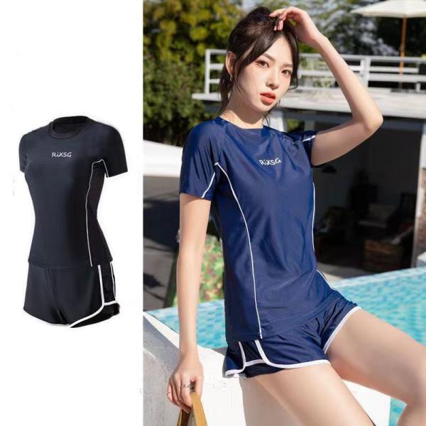フィットネス水着 上下セット レディース セパレート 体型カバー水着 ママ水着 大きいサイズ おしゃれ  女性用 レイヤード風 ショートパンツ ラッシュガード