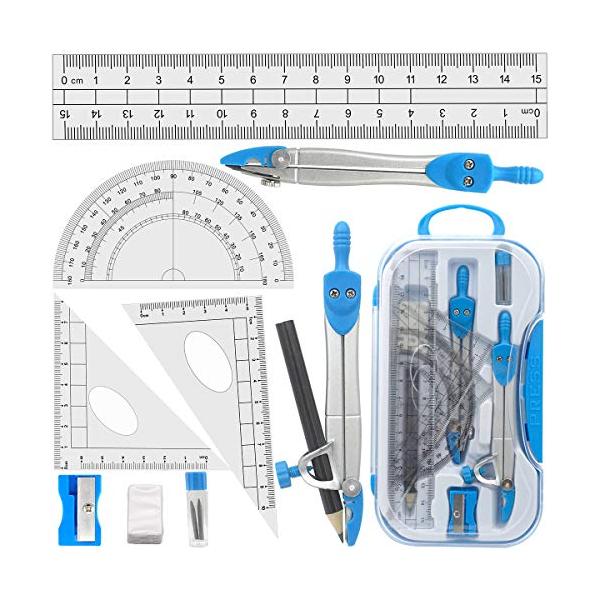 Tulokaスクールコンパス 算数こんぱす12点セット15cm直定規 2pcs三角定規 半円分度器 替え芯 消しゴム 鉛筆 幾何学 中学生 小学生 文