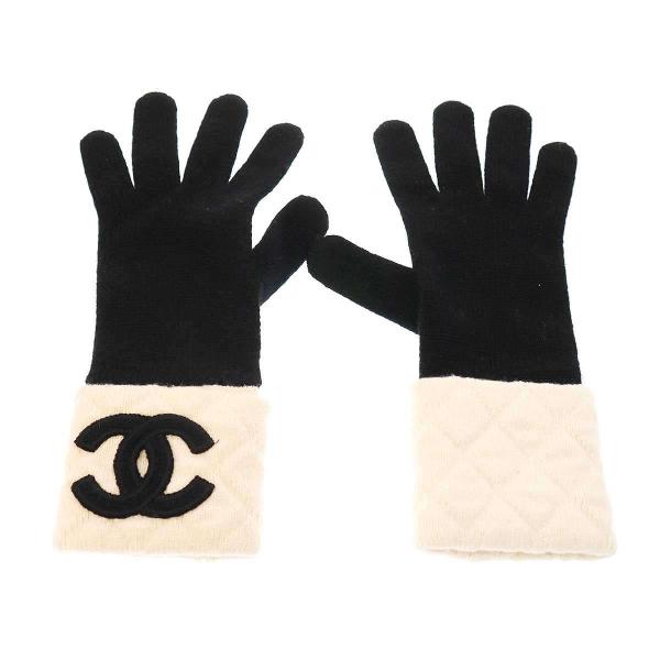 CHANEL シャネル レザー 手袋 ココマーク バイカラー ブラック ホワイト CHANEL シャネル ココマーク バイカラーグローブ 手袋 ホワイト