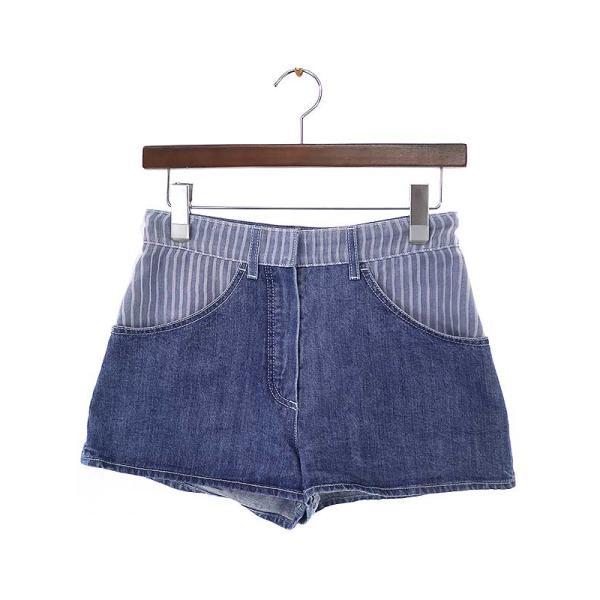 【美品】シャネル デニムストライプショートパンツ CHANEL シャネル 14SS ストライプシフォン切替デニムショーツ