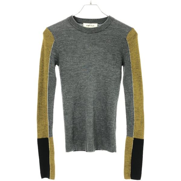 ENFOLD - ENFOLD エンフォルド 21AW PATCH SLEEVE PULLOVER ニットセーター 300EA270-1480 グレー カーキ 38 ENFOLD（エンフォルド） 21AW PATCH SLEEVE PULLOVER ニットセーター