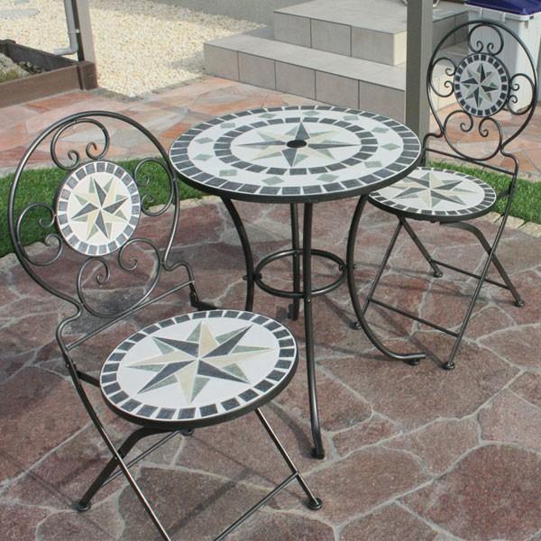 モザイクタイルテーブル 3点セット φ60cm モスグリーン/大型宅配便