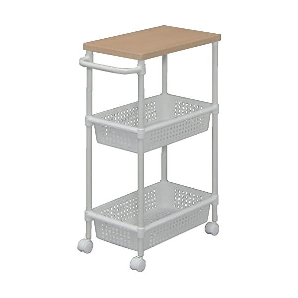 アイリスオーヤマ ワゴン メタルポール 木天板 3段 幅28cm ミドル ホワイトビーチ MKWWT3M