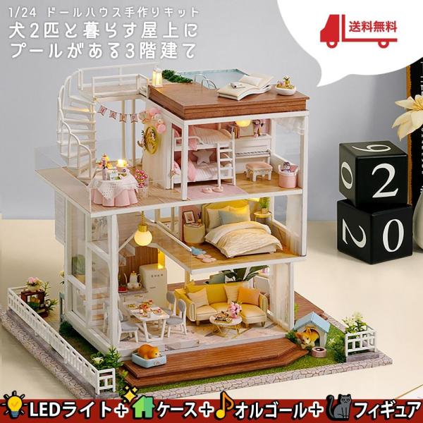 ドールハウス ミニチュア 手作りキット | 犬と暮らす屋上にプールのある3階建 | 大型 1/24 | LEDライト + アクリルケース+オルゴール