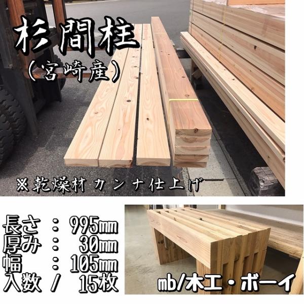 杉 間柱 乾燥プレナー仕上 節あり 杉板 棚板 下地材 小屋 縁台 工作 木製椅子 木製脚 ウッドデッキ DIY 日曜大工 リノベーション 1m (30×995×105mm)15枚入り