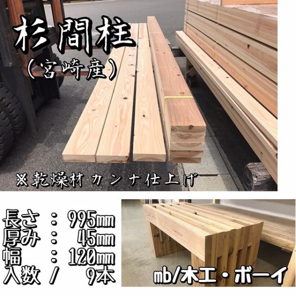 杉 間柱 乾燥プレナー仕上 節あり 杉板 棚板 下地材 小屋 縁台 工作 木製椅子 木製脚 ウッドデッキ DIY 日曜大工 リノベーション 1m (45×995×120mm)9枚入り