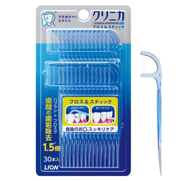 3連フロスとスティックで、歯と歯のスキ間や、歯と歯ぐきの間に挟まりやすい食べカスや歯垢（プラーク）を除去。奥歯の歯間にも届くロングハンドルのデンタルフロスです。特徴・3本のフロスが歯と歯のすき間の歯垢（プラーク）をしっかり除去。取り除いた歯...