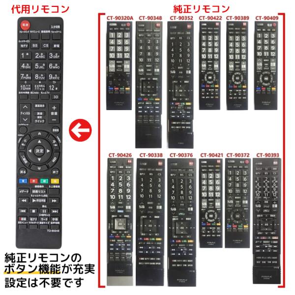 ・東芝REGZAテレビ用の代用リモコンです・純正リモコンと同機能のボタンが設置されており、主な機能は全て使用できます。　※テレビ、レコーダー側に機能がない場合やリモコンにボタンとして設置されていない機能は操作ができかねます。 ・設定は不要で...