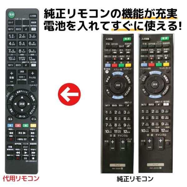 ・純正リモコンと同じボタンが設置されており、主な機能は全て使用できます。　※テレビ、レコーダー側に機能がない場合やリモコンにボタンとして設置されていない機能は操作ができかねます。 ・設定不要で電池を入れればすぐに使用できます。・汎用リモコン...