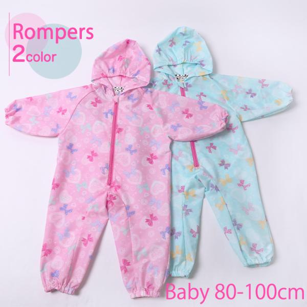 レインロンパース ロンパース ベビー 80 90 100cm お砂場着 雨具 女の子 arisana メール便可撥水加工で、雨のや水遊び、お砂場遊びにも最適です☆■仕立てサイズ(cm)サイズ：着丈(後身頃) / 身幅(一周) / 袖丈(フー...