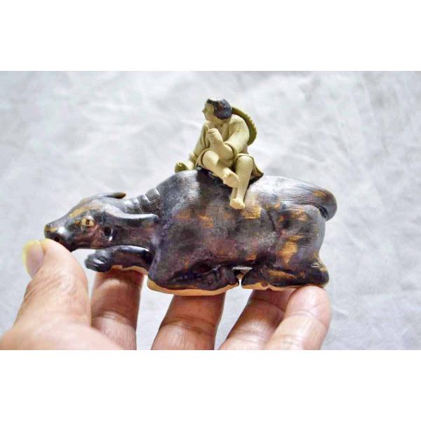 ★中国美術　水牛と青年　添配　添景　陶製　左右：11．.2cm　精密完全手作り　現品