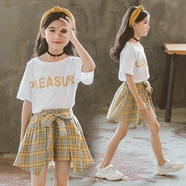 子供服 セットアップ 夏 韓国子供服 女の子 ジュニア キッズ 上下セット チェック柄 ミニスカート おしゃ 可愛い 新着商品 半袖 2点セット Tシャツ
