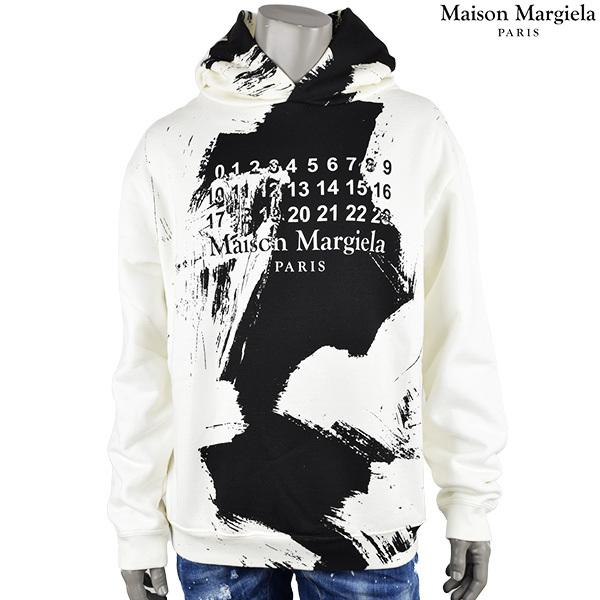 Maison Margiela メゾン・マルジェラ DIAGONAL PAINT EFFECT HOODIE　ナンバーロゴ　 パーカー/ホワイト×ブラック/ S50GU0151 S25451 101