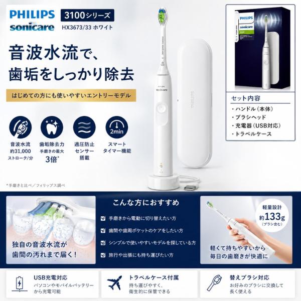 他サイト： フィリップス ソニッケアー 3100 電動歯ブラシ HX3673/33 ホワイト 軽量 音波振動 USB充電 Philips Sonicare 本体 歯垢除去 歯周ケアの商品画像