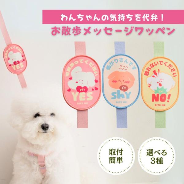 【商品特徴】■マジックテープで簡単装着 リードやハーネス、バッグにマジックテープで簡単に取り付け可能。愛犬の気持ちを伝えるおしゃれなマナーアイテムです。 ■「挨拶OK」を伝えるワッペン 韓国ブランドBITE MEの、お散歩中の意思表示ワッペ...