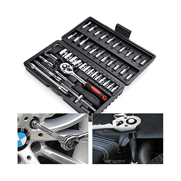 「商品情報」「主な仕様」商品名：ソケット レンチ ラチェット ガレージ ツール 工具 セット 46P 自動車 車 整備 修理 メンテナンス 差込角6.35mm 1/4インチ【商品仕様】サイズ（約）：ケースサイズ 12.5cm×23.5cm×...