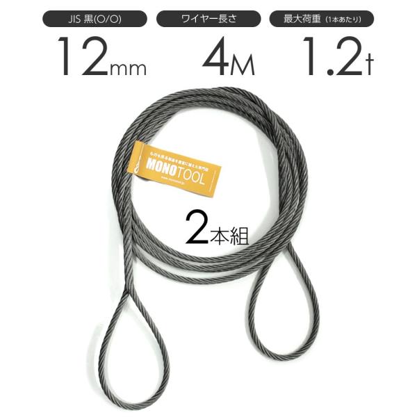 JIS品ワイヤーロープ2本吊9㎜×1M 1TON吊用リング付2セット