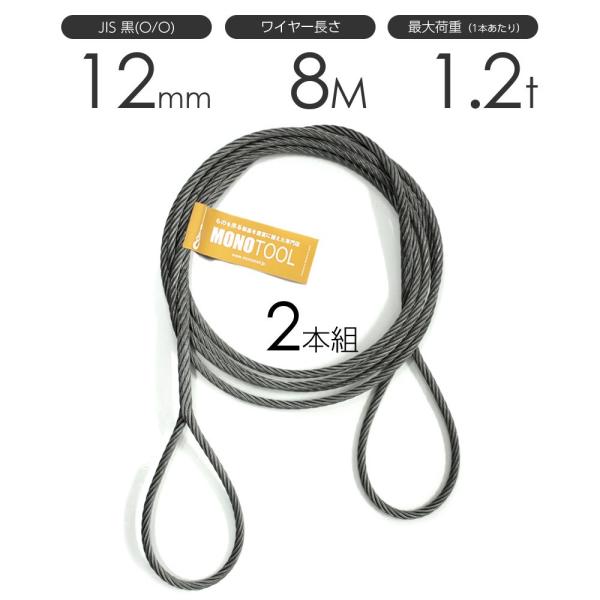 編み込みワイヤー JIS黒(O/O) 12mm（4分）x8m 玉掛けワイヤーロープ 2本組 フレミッシュ 玉掛ワイヤー