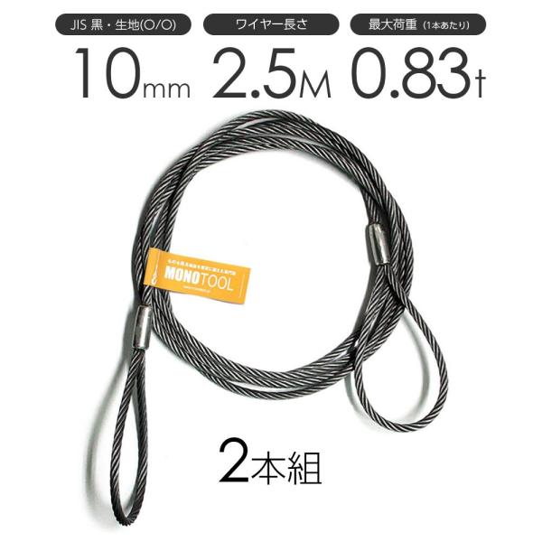 玉掛けワイヤーロープ 2本組 両アイロック加工 黒(O/O) 10mmx2.5m JIS