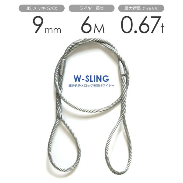 ダブルスリング Φ9mmｘ6m ヒゲなし 玉掛けワイヤーロープ メッキ 1本