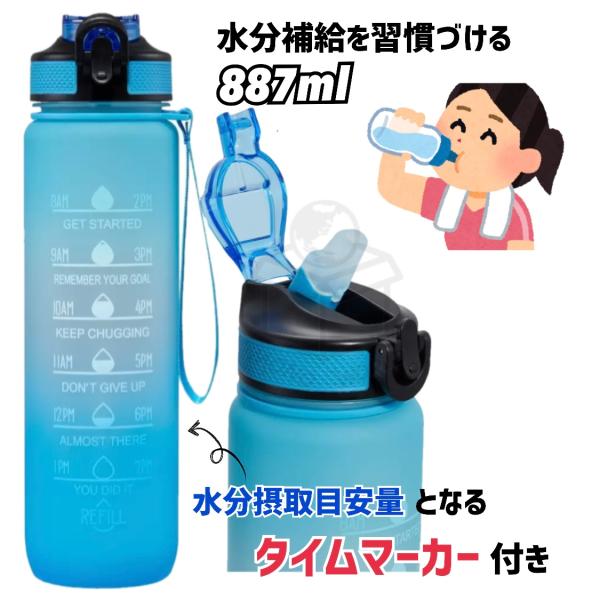 モチベーショナル ボトル メモリ付水筒 約887ml ブルー Blue 青 水筒 モチベーショナルボトル 水 １時間毎のタイムマーカー付き 水分補給