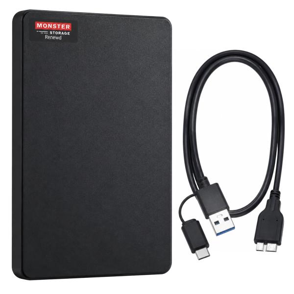 外付けHDD 1TB ハードディスク USB3.0 MONSTER STORAGE 整備済み品 180日保証 Type-C変換アダプター付 写真 動画 バックアップ ブラック