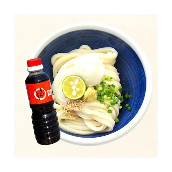 お店で使っているダシ醤油、原材料に伊吹イリコ・利尻昆布を使用しています。「醤油うどん」「釜玉うどん」をお店の味で再現できます。他にも卵かけご飯・冷奴・焼き魚などを美味しく召し上がって頂けます。