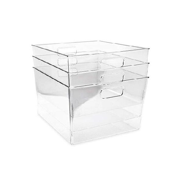 Isaac Jacobs 3-Pack Large Clear Storage Bins with Handles, Plastic Organizer for Home, Room, Office, Fridge, Kitchen/Pantry Non-Slip Container Set, Fo