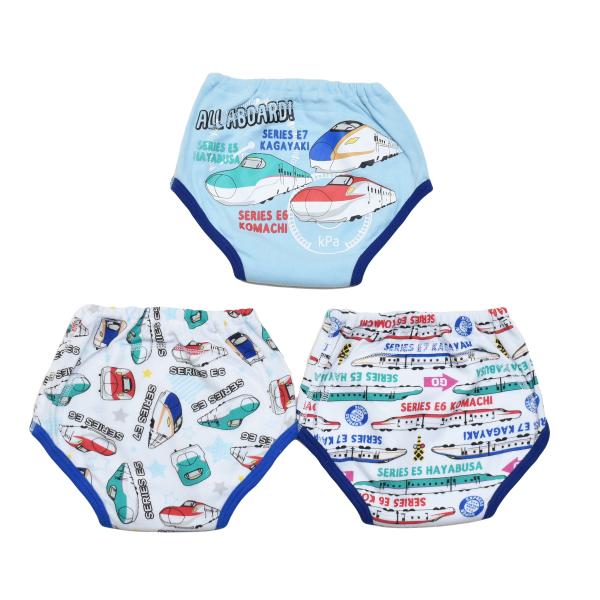 でんたま（新幹線） 新柄３枚組トレーニングパンツです！前、後ろ側にもプリントがあります。表生地・防水素材・パイル素材の３層構造で、軽い履き心地でもしっかりガード表地　綿100%　中股部分綿100%（裏面ポリウレタンコーティング）　バインダー...