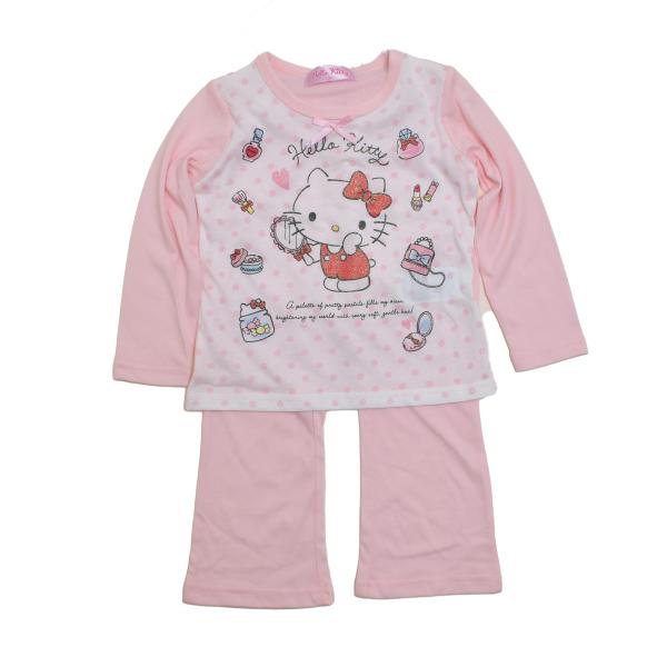サンリオ ハローキティ の（蓄光仕様）の長袖Tシャツ生地のパジャマです。パンツは長パンツ丈です。オールシーズン対応生地です。前身頃にキラキララメ加工を施しています。　品質表示 ： 本体　ポリエステル65％　綿35％　リブ部分 ポリエステル6...
